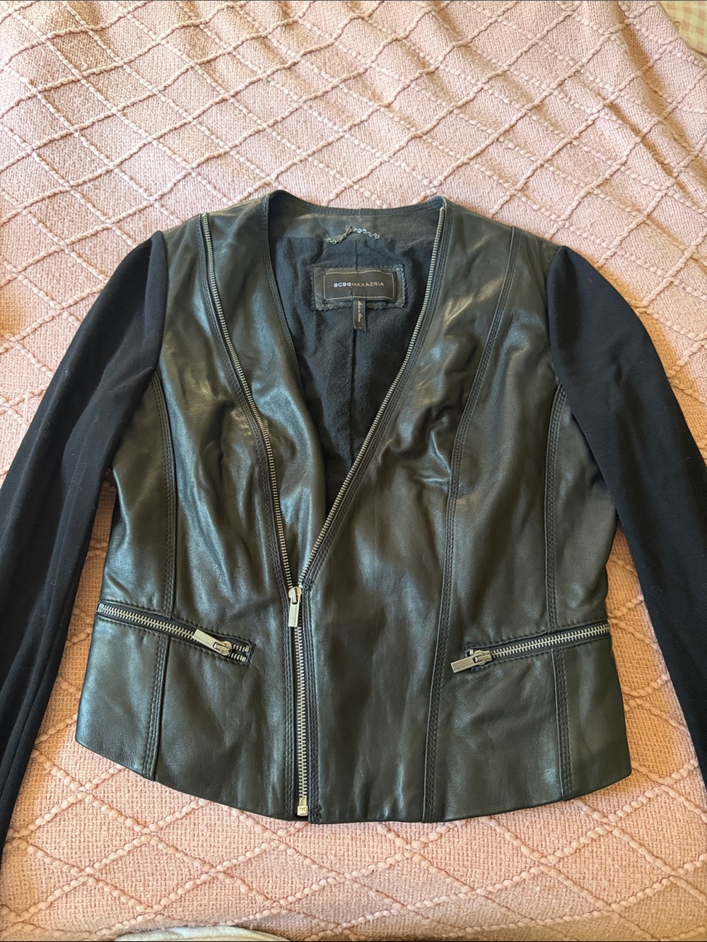 BCBGMAXAZRIA Black Faux Leather Jacket with Knit Sleeves